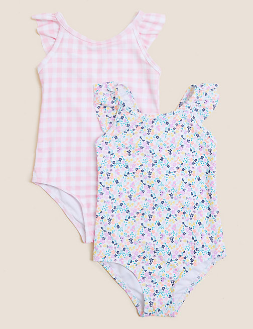 Marks And Spencer Girls M&S Collection 2pk Ditsy and Gingham Swimsuits (2-7 Yrs) - Pink, Pink