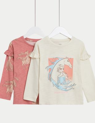 girls m&s collection 2pk pure cotton disney frozen™ tops (2-10 yrs) - pink mix