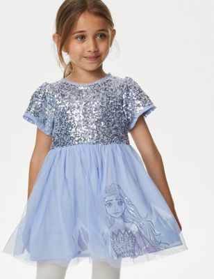 M&S Girls Disney Frozentm Sequin Tulle Dress (2-8 Yrs) - 6-7 Y - Chambray, Chambray
