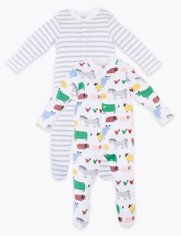 2 Pack Dreamskin® Pure Cotton  Farmyard Sleepsuits (5lbs-3 Yrs)