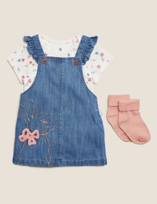 Ensemble 3 pièces 100 % coton avec robe chasuble en jean à motif Peter Rabbit™ (jusqu'au 3 ans) - Me