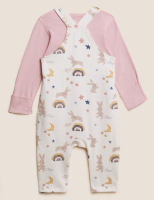 M&S Girls 2pc Cotton Rich Bunny Print Dungaree Outfit (0-3 Yrs)