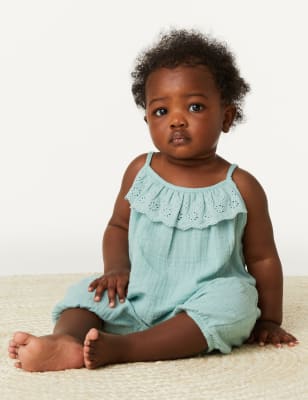 

M&S Collection Strampelanzug aus reiner Baumwolle mit Lochstickerei (0-3 Jahre) - Light Teal, Light Teal