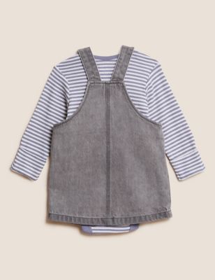 M&S Girls 2pc Pure Cotton Dungaree Dress Outfit