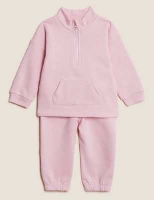 M&S Girls 2pc Cotton Rich Zip Sweater and Jogger Outfit (0-3 Yrs)