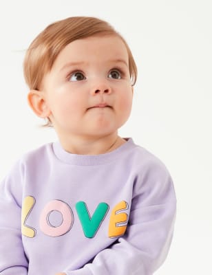 

M&S Collection Pullover mit hohem Baumwollanteil und Schriftzug „Love“ (0-3 J.) - Purple, Purple