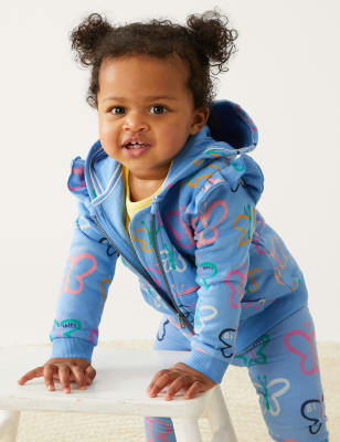 

M&S Collection Hoodie mit hohem Baumwollanteil und Schmetterlingsmuster (0-3 J.) - Blue Mix, Blue Mix