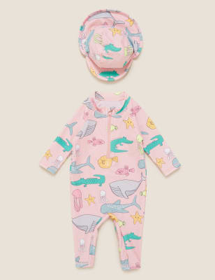 Maillot de bain 2 pièces à motif animal marin avec protection solaire (jusqu'au 3 ans) - Pink Mix