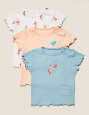 Lot de 3 t-shirts en coton à motif hippocampe et volants (jusqu'au 3 ans) - Ivory Mix