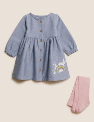 

M&S Collection Conjunto de 2 piezas de algodón con vestido de conejito y medias (0-3 años) - Denim Mix, Denim Mix
