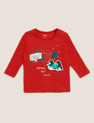 

M&S Collection 2er-Pack Oberteile mit hohem Baumwollanteil und Pinguinmotiv (0-3 Jahre) - Red Mix, Red Mix