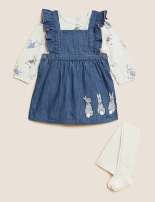 

M&S Collection Conjunto de 3 piezas con pichi de algodón de Perico, el conejo (0-3 años) - Denim Mix, Denim Mix