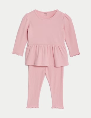 

M&S Collection Conjunto de 2 piezas de algodón de parte de arriba y parte de abajo acanalado (0-3 años) - Pink, Pink