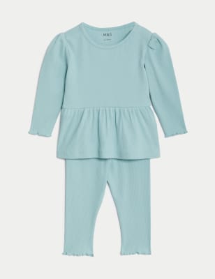 

Girls M&S Collection 2pc Cotton Rich Ribbed Top & Bottom Outfit (0-3 Yrs) - Light Teal, Light Teal