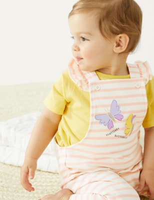 

M&S Collection Gestreifte Latzhose aus reiner Baumwolle (0-3 Jahre) - Pink Mix, Pink Mix