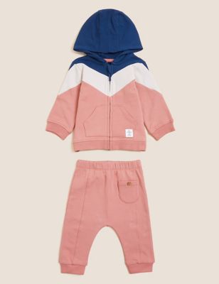 M&S Girls 2pc Cotton Rich Hooded Outfit (0-3 Yrs)