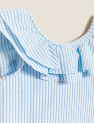 

M&S Collection Bañador de rayas y cuello con volante (0-3 años) - Blue Mix, Blue Mix