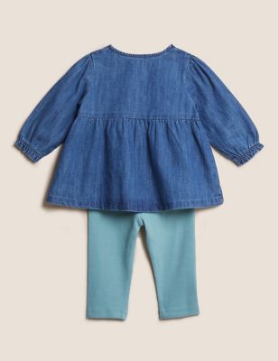 M&S Girls 2pc Cotton Chambray Embroidered Star Outfit (0-3 Yrs)