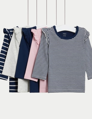 M&S Girl's 5pk Pure Cotton Striped & Plain Tops (0-3 Yrs) - 3-6 M - Multi, Multi