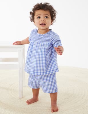 

M&S Collection 2-teiliges Outfit aus reiner Baumwolle mit Gingham-Muster (0-3 Jahre) - Blue Mix, Blue Mix