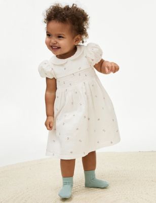 M&S Girls Pure Cotton Floral Dress (0-3 Yrs) - 3-6 M - Ivory, Ivory