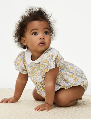 M&S Girl's Pure Cotton Floral Romper (0-3 Yrs) - 18-24 - Yellow Mix, Yellow Mix