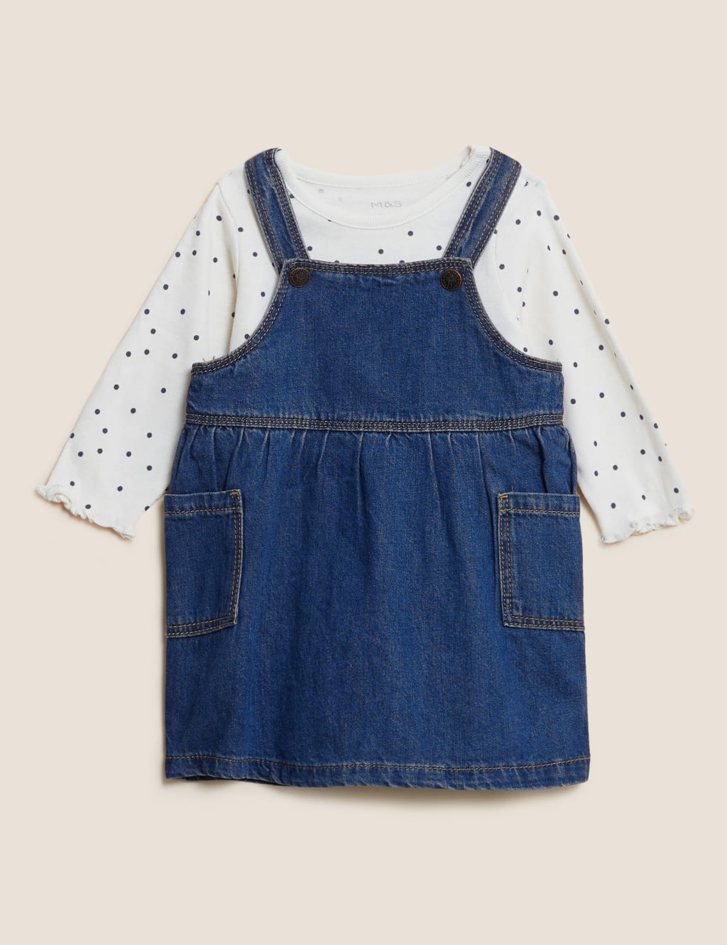 Cotton Denim Pinny Dress & Bodysuit Outfit (0-3 Yrs) image 1