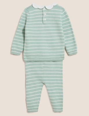 M&S Girls 2pc Cotton Rich Knitted Striped Outfit (0-3 Yrs)