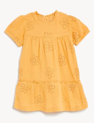 

Vestido 100% algodón bordado en capas (0-3 años) - Yellow, Yellow
