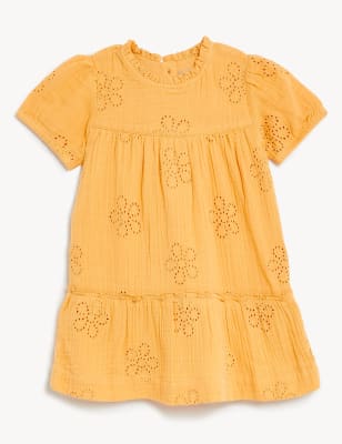 

Girls Pure Cotton Embroidered Tiered Dress (0-3 Yrs) - Yellow, Yellow