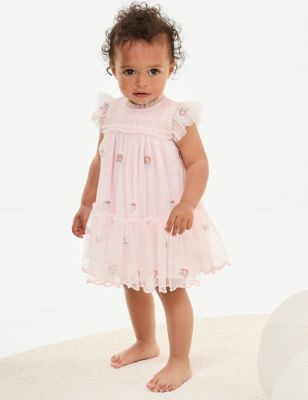 M&S Girl's Floral Embroidered Tiered Occasion Dress (0-3 Yrs) - 3-6 M - Pink, Pink