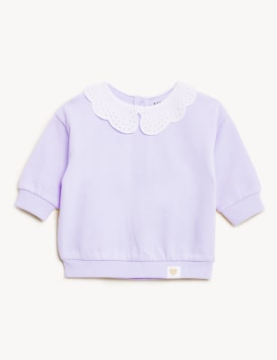 

M&S Collection Sudadera de algodón con volante con cuello (0-3 años) - Lilac, Lilac