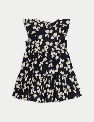 M&S Girls Pure Cotton Floral Dress (0-3 Yrs) - 3-6 M - Navy Mix, Navy Mix