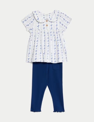 

M&S Collection 2-teiliges geblümtes Outfit mit hohem Baumwollanteil (2-3 Jahre) - Blue Mix, Blue Mix