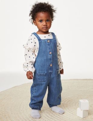 M&S Girls 2pc Cotton Rich Spotted Outfit (0-3 Yrs) - 3-6 M - Denim Mix, Denim Mix