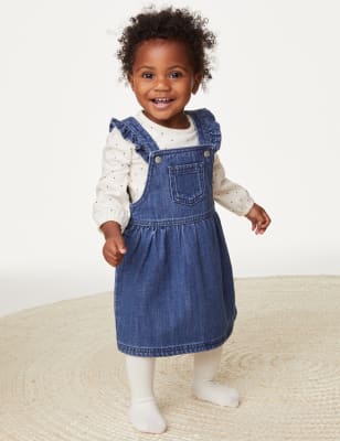 M&S Girls 3pc Cotton Rich Spot Outfit (0-3 Yrs) - 3-6 M - Denim, Denim