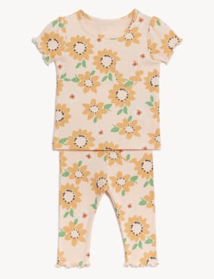 

M&S Collection 2-teiliges Outfit mit hohem Baumwollanteil und Sonnenblumenmotiv (0-3 J.) - Peach Mix, Peach Mix