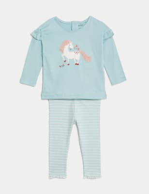 

M&S Collection 2-teiliges Outfit mit hohem Baumwollanteil und Tiermuster (0-3 Jahre) - Teal Mix, Teal Mix