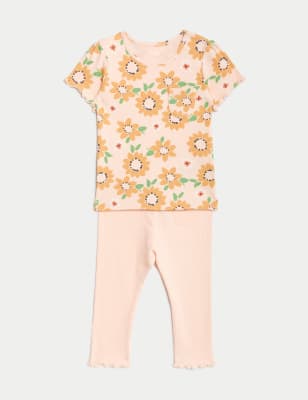 

M&S Collection 2-teiliges Outfit mit hohem Baumwollanteil und Sonnenblumenmotiv (0-3 J.) - Peach Mix, Peach Mix