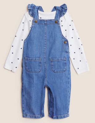 M&S Girls 2pc Pure Cotton Denim Dungaree Outfit (0-3 Yrs)