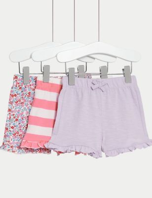 M&S Girls 3pk Pure Cotton Printed Shorts (0-3 Yrs) - 0-3 M - Pink Mix, Pink Mix