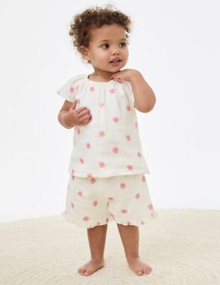 M&S Girl's 2pc Pure Cotton Flower Top & Bottom Outfit (0-3 Yrs) - 3-6 M - Cream Mix, Cream Mix