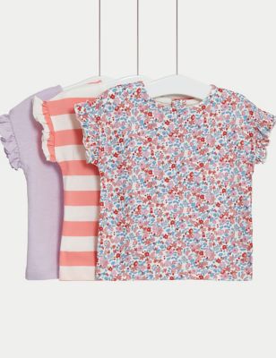 M&S Girls 3pk Pure Cotton Frill Sleeve T-Shirts (0-3 Yrs) - 0-3 M - Pink Mix, Pink Mix