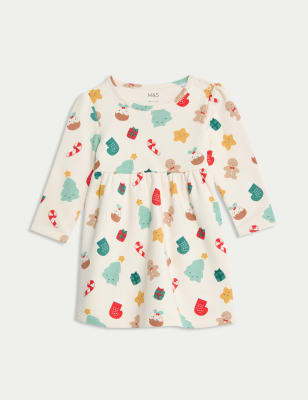 Cotton Rich Christmas Print Dress (0-3 Yrs) - RO