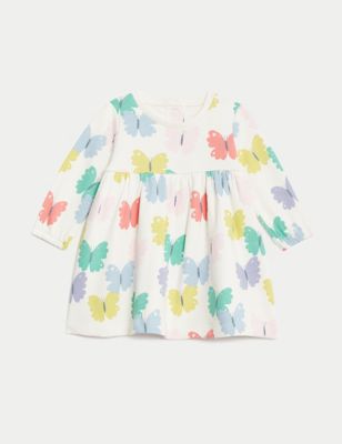 M&S Girls Cotton Rich Butterfly Sweatshirt Dress (0-3 Yrs) - 0-3 M - Cream Mix, Cream Mix