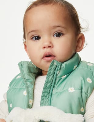 M&S Girls Stormwear Floral Padded Gilet (0-3 Yrs) - 3-6 M - Green Mix, Green Mix