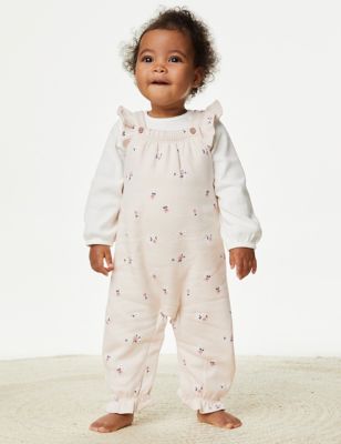 M&S Girls 2pc Cotton Rich Floral Dungarees Outfit (0-3 Yrs) - 2-3Y - Calico Mix, Calico Mix