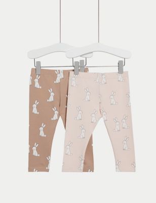 M&S Girls 2pk Cotton Rich Bunny Leggings (0-3 Yrs) - 18-24 - Neutral, Neutral
