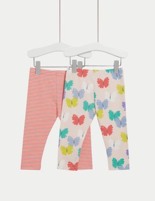 M&S Girls 2pk Cotton Rich Butterfly & Striped Leggings (0-3 Yrs) - 0-3 M - Coral Mix, Coral Mix