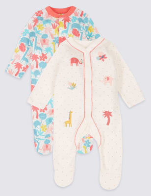 2 Pack Embroidered Pure Cotton Sleepsuits